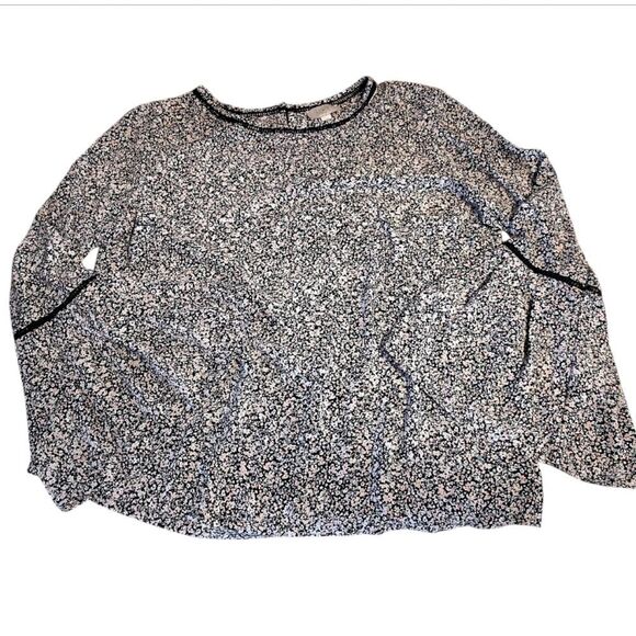 LOFT Pink Black Floral Crochet Trim Long Bell Sleeves Boho Blouse Large - Picture 5 of 13